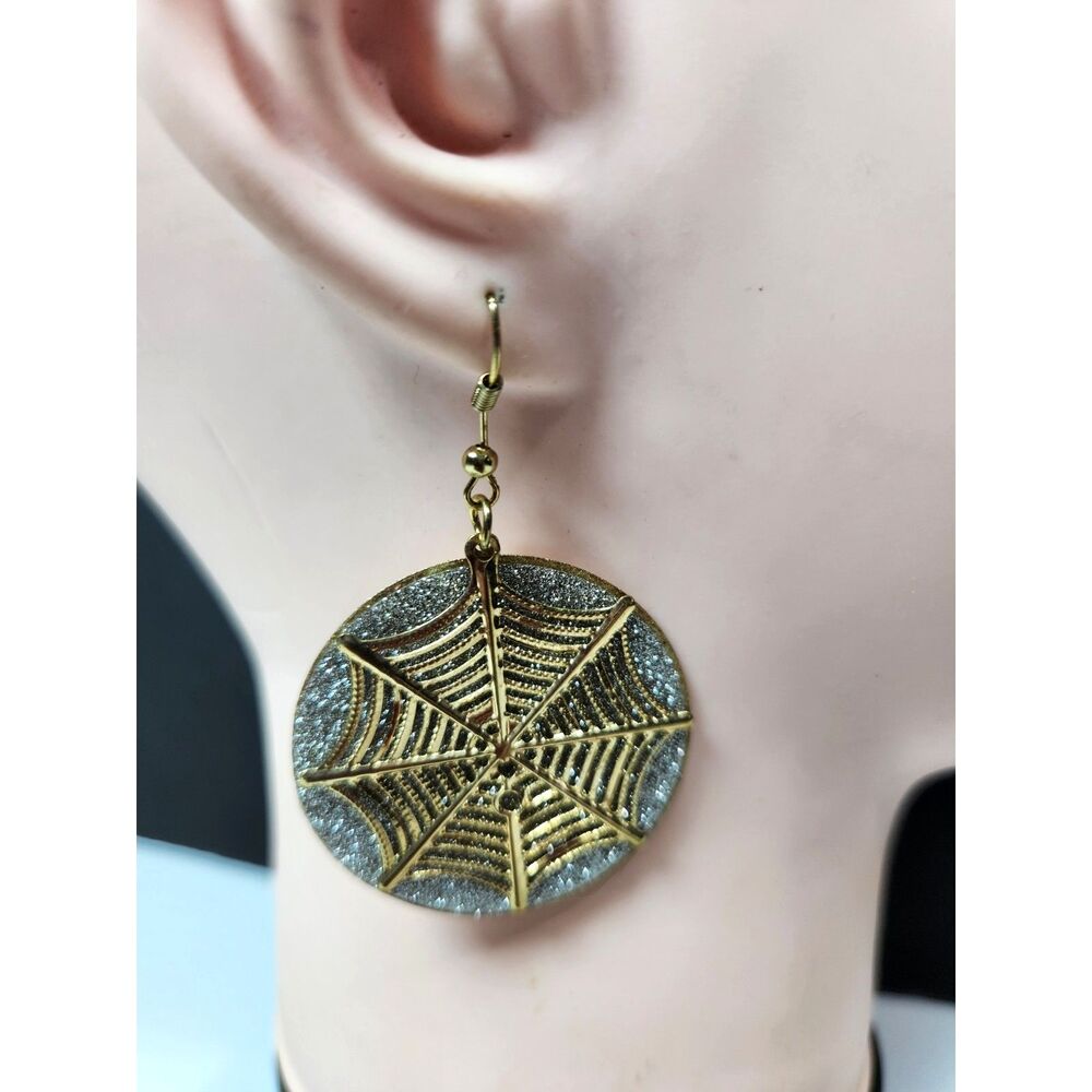 Spider Web Earrings Gold Tone & Glitter Halloween Drop Disc Goth Statement
